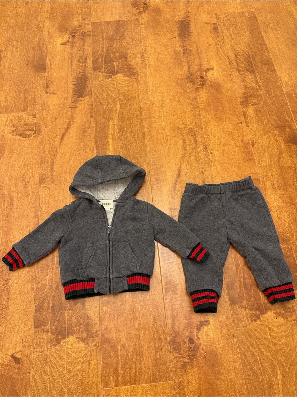 Gucci Kids baby 6-9M Gray Hoodie & Joggers Set with Red and Black Stripe Trim